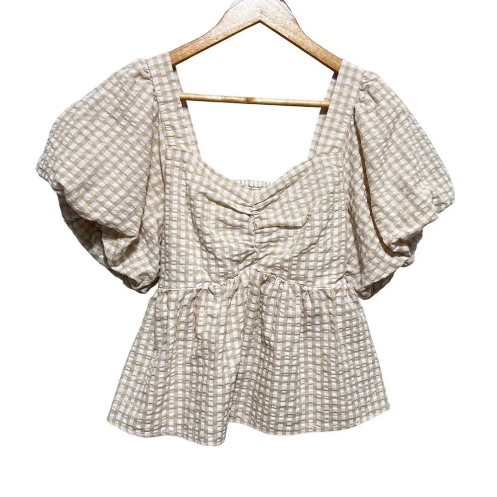 Old Navy Women Cottage Gingham Peplum Top L Tan\ Smocked‎ Milkmaid Puff Sleeve
